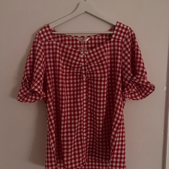 Agnes Orinda Tops - Red and White Ruffled Flutter Sleeve Blouse